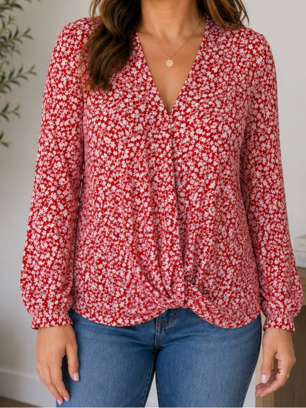Nordstrom Red Floral Wrap Blouse XL Feminine Flowy